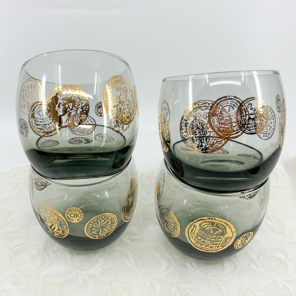 Vintage Mid‑Century Modern Roly Poly Glass Set Smoky Gray Gold Roman Coin Design